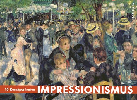Text: "10 Kunstpostkarten IMPRESSIONISMUS ANACONDA". 

Illustration: Lebhaftes Gesellschaftstreffen im Freien mit Tanzpaaren und Bäumen.