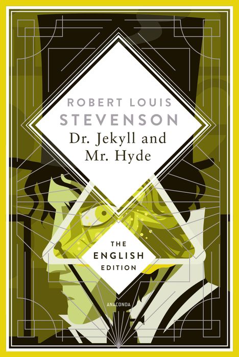 "Robert Louis Stevenson, Dr. Jekyll and Mr. Hyde, The English Edition. Illustration: abstrakte Gesichter in Gelb- und Grüntönen."