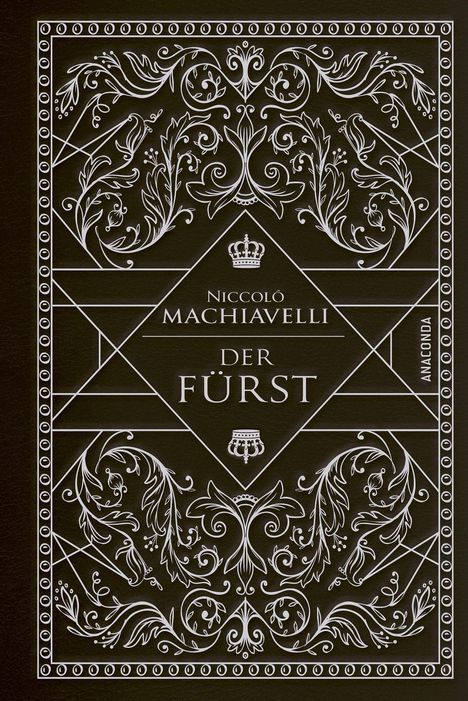 "Niccolò Machiavelli Der Fürst" in weißen Buchstaben, edles Ornamentdesign in Weiß auf schwarzem Hintergrund.