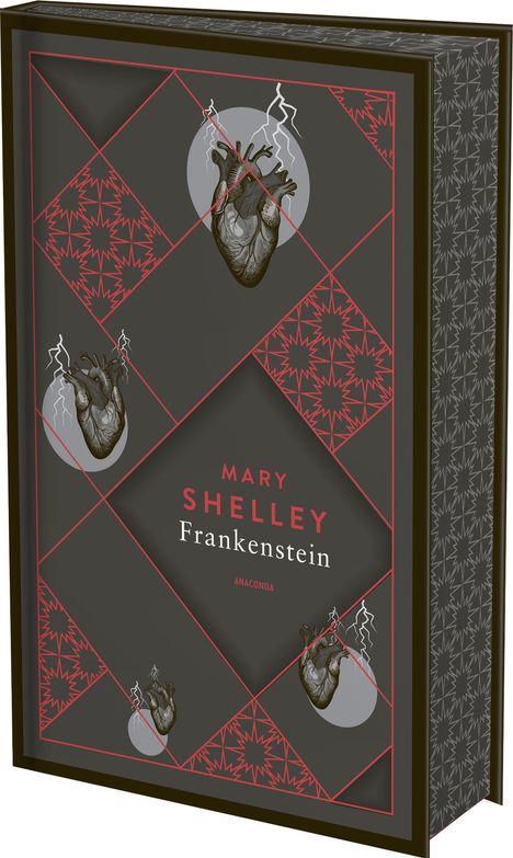 "Mary Shelley, Frankenstein, Anaconda." Stilisiertes Herz, grauer Hintergrund, rote Muster, Blitze, dunkel und geheimnisvoll.