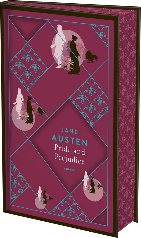 JANE AUSTEN - Pride and Prejudice. Rote Buchhülle mit blauen und rosa Mustern und Silhouetten von Personen.