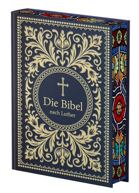 „Die Bibel nach Luther“ steht in goldener Schrift auf dunkelblauem Hintergrund mit kunstvollen Mustern und einem Kreuz.