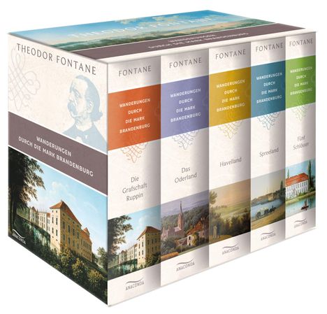 "Theodor Fontane: Wanderungen durch die Mark Brandenburg." Boxset mit fünf Büchern, jedes mit einem Landschaftsbild.
