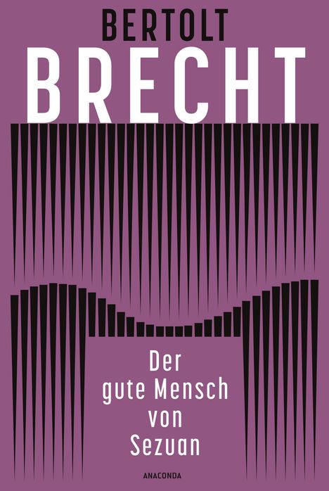 "Bertolt Brecht, Der gute Mensch von Sezuan, Anaconda." Lila Hintergrund, schwarze geometrische Formen.