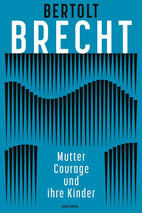 "Bertolt Brecht, Mutter Courage und ihre Kinder." Schwarze, wellenförmige Muster auf blauem Hintergrund.