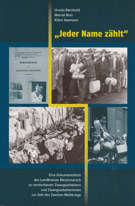 Titel: "Jeder Name zählt." Dokumentation über verstorbene Zwangsarbeiter im Zweiten Weltkrieg. Historische Schwarz-Weiß-Fotos.