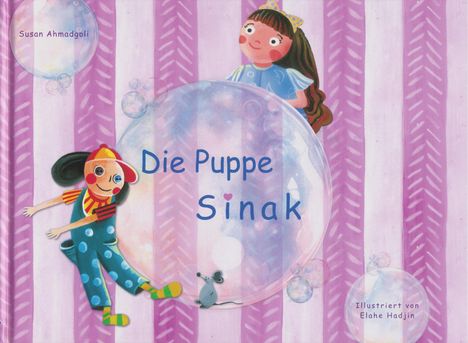 „Die Puppe Sinak“, illustriert von Elahe Hadjin. Zwei fröhliche Figuren im Cartoon-Stil vor gestreiftem Hintergrund.