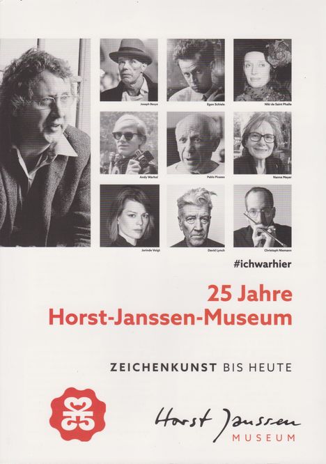 25 Jahre Horst-Janssen-Museum, ZEICHENKUNST BIS HEUTE. Bild von neun Künstlern. Logo und Signatur Horst Janssen Museum.