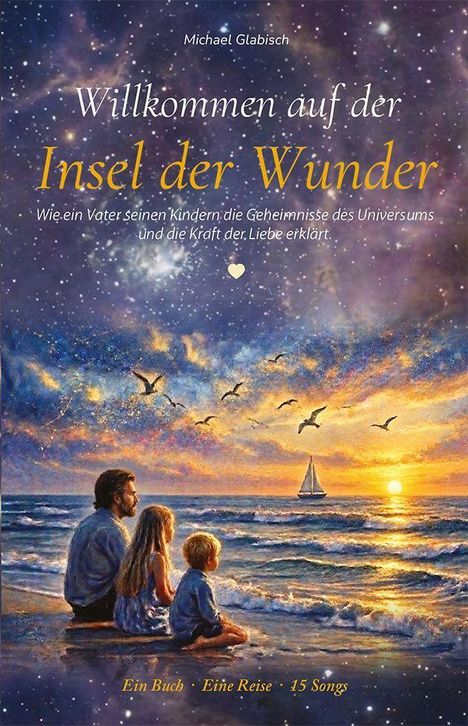 "Willkommen auf der Insel der Wunder" mit Kindern am Strand, Sonnenuntergang, Vögel, Boot und galaxieartigem Himmel.