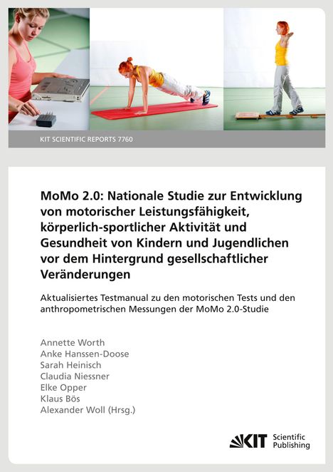 Titel: MoMo 2.0. Thema: Motorik und Gesundheit bei Kindern. Enthält Fotos von Fitnessaktivitäten. Logo unten rechts.