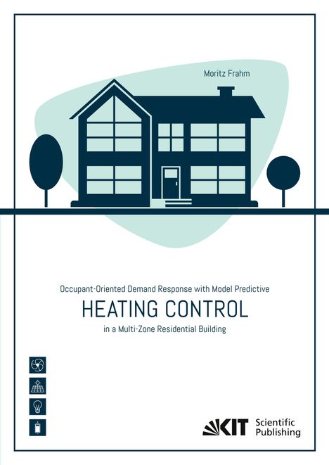 "Heating Control" steht im Mittelpunkt. Illustration eines Hauses mit zwei Bäumen daneben. Logos auf der linken Seite.