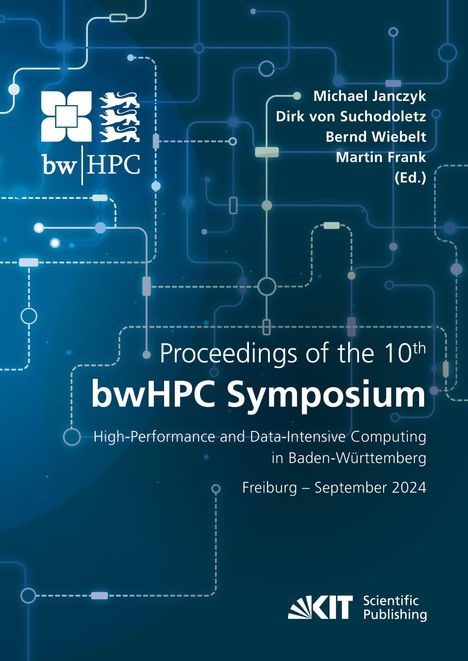 Titel: "Proceedings of the 10th bwHPC Symposium". Hintergrund: Technisches, blaues Schaltkreis-Design.