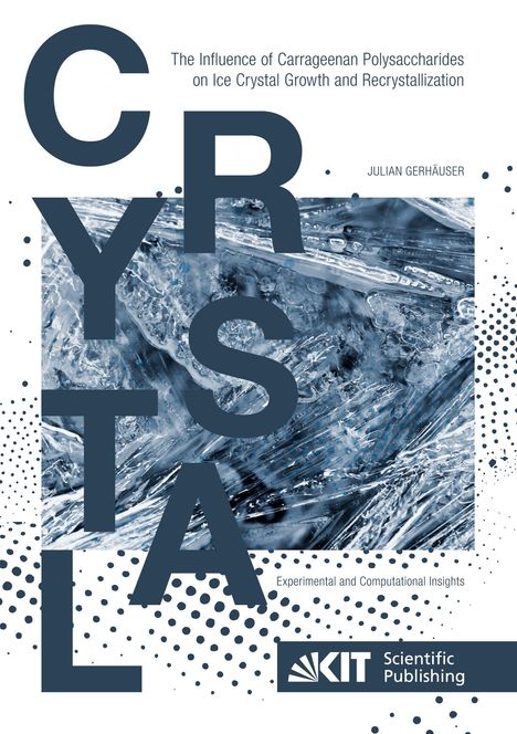 "CRYSTAL" in großen Buchstaben, darüber ein wissenschaftlicher Text. Im Hintergrund gefrorenes Kristall-Design, KIT-Logo unten.