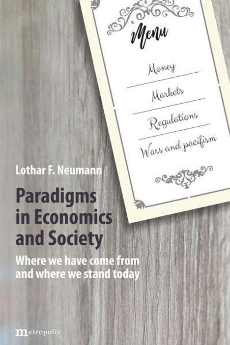 Text: "iMenu Money Markets Regulations Wars and pacifism. Lothar F. Neumann Paradigms in Economics and Society..." Hintergrund: Holztextur.