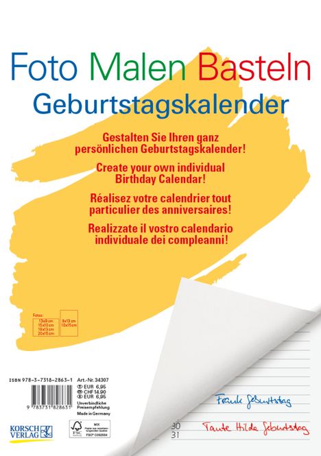 Foto-Malen-Basteln Bastelkalender A4 weiß Geburtstagskalender, Kalender