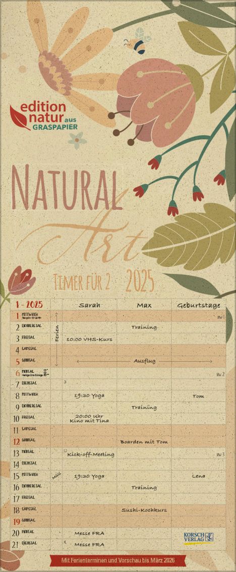 Natural Art Timer für 2 Graspapier 2025, Kalender