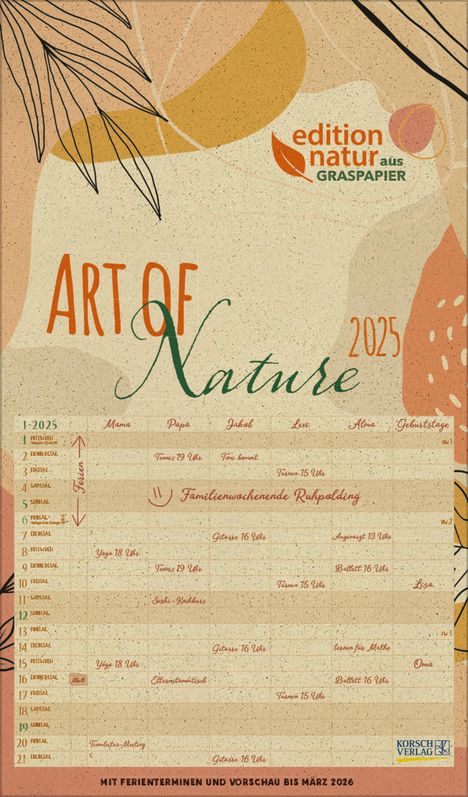 Familienplaner Art of Nature Graspapier 2025, Kalender