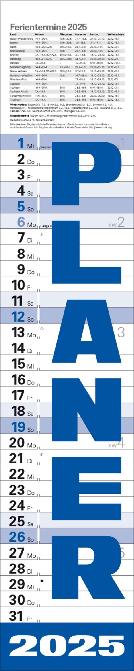 Planer Blau 2025, Kalender