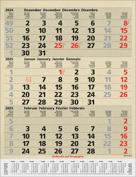 3-Monats-Planer Comfort Graspapier 2025, Kalender