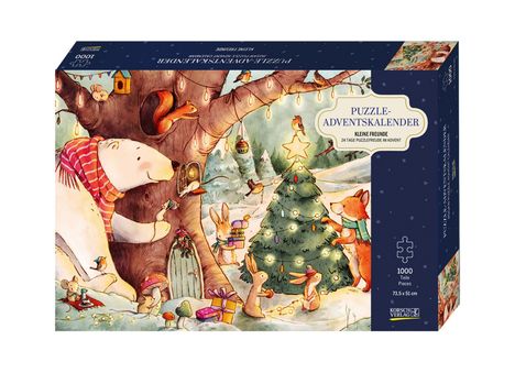 "Puzzle-Adventskalender. Kleine Freunde. Illustration von Tieren, die einen Weihnachtsbaum schmücken."