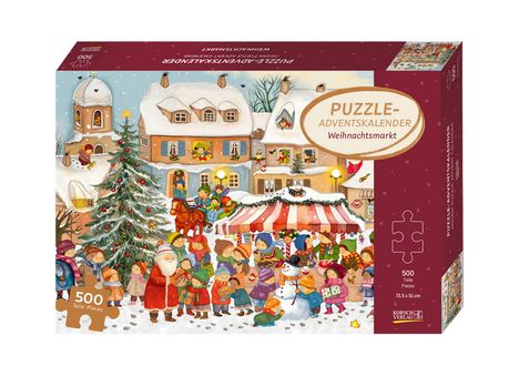 "Puzzle-Adventskalender Weihnachtsmarkt" steht auf einer Packung. Illustration eines geschmückten Weihnachtsmarkts mit Figuren.