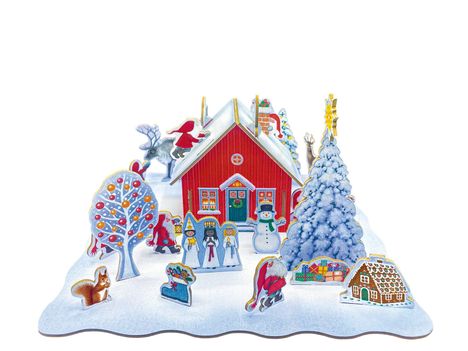 Dies ist eine winterliche Illustration mit einem roten Haus, Schneemann, Weihnachtsbaum, Eichhörnchen und Figuren im Schnee.