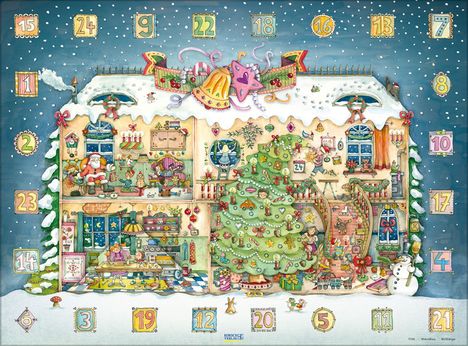 Ein weihnachtlicher Kalender zeigt Zahlen von 1 bis 24, mit einer Illustration eines geschmückten Hauses.