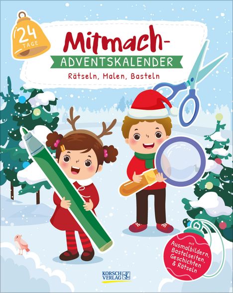 "Mitmach-Adventskalender: Rätseln, Malen, Basteln" in winterlicher Illustration, Kinder im Schnee mit Buntstift und Lupe.