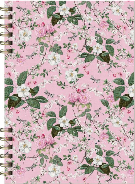 Notizbuch mit rosa Hintergrund, bedeckt mit Blumenmuster aus weißen und rosa Blüten, grünen Blättern und Schmetterlingen.
