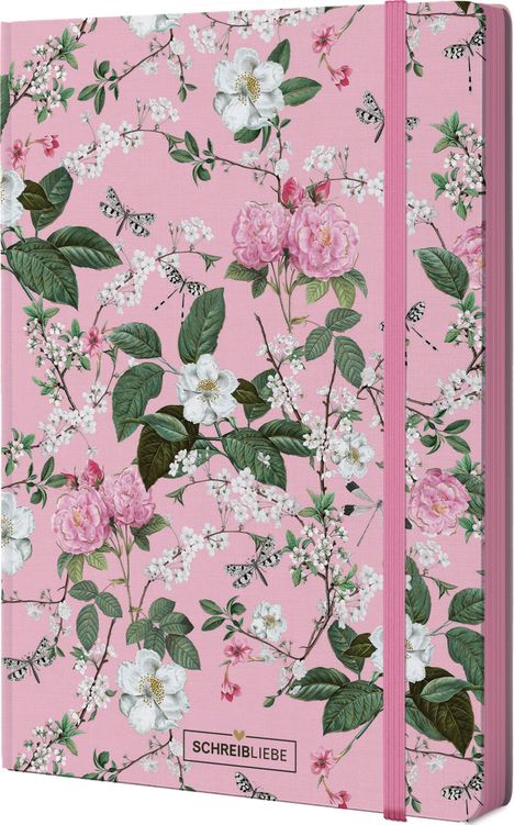 Text: "Schreibliebe." Rosa Hintergrund, Blumenmuster mit weißen und rosa Blüten, grünen Blättern und Schmetterlingen.