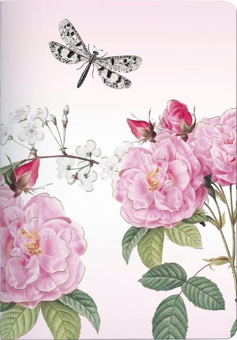 Eine Illustration mit rosa Rosen, weißen Blüten und einem schwarz-weiß gefleckten Schmetterling vor einem hellrosa Hintergrund.
