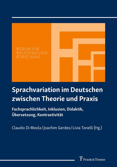 "Sprachvariation im Deutschen zwischen Theorie und Praxis. Orange geometrische Formen auf blauem Hintergrund."