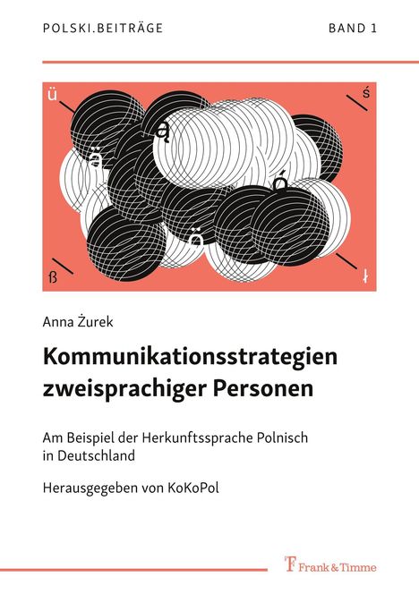 "Kommunikationsstrategien zweisprachiger Personen" auf rot-weißem Hintergrund, geometrische Muster aus Kreisen.