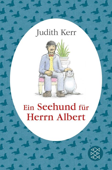 „Judith Kerr“ oben, „Ein Seehund für Herrn Albert“ unten. Illustration: Mann auf Bank mit Seehund, Pflanzen im Hintergrund.