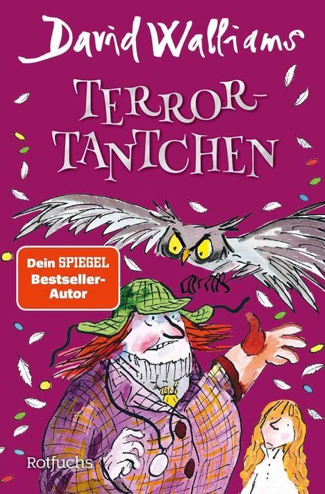 „David Walliams, Terror-Tantchen, Dein SPIEGEL Bestseller-Autor.“ Illustration einer Frau mit Eule, bunt und verspielt.