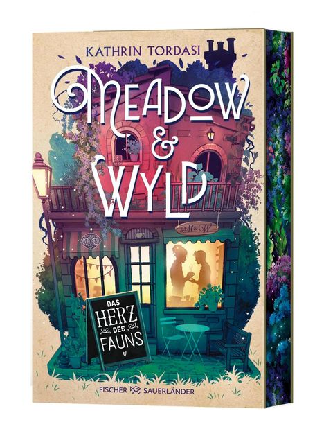"Kathrin Tordasi: MEADOW & WYLD. DAS HERZ DES FAUNS. Illustration eines gemütlichen Cafés mit Silhouetten zweier Personen."