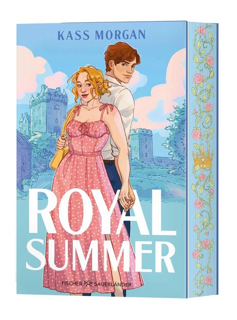 Text: "KASS MORGAN", "ROYAL SUMMER", "FISCHER SAUERLÄNDER". Eine Illustration von einem Paar vor einem Schloss in pastellen Farben.