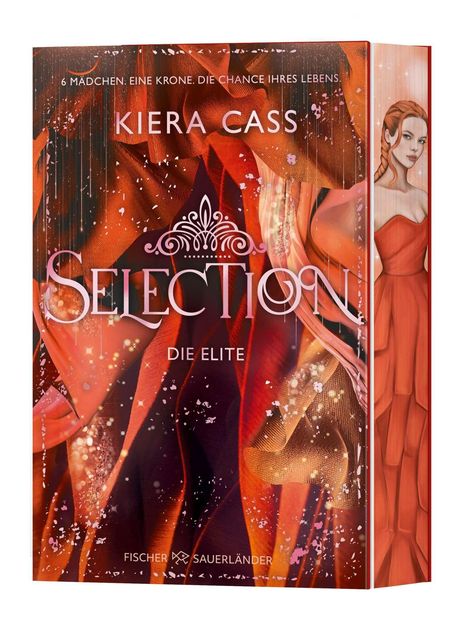 "6 Mädchen. Eine Krone. Die Chance ihres Lebens. Kiera Cass. Selection: Die Elite." Rotes Kleid und stilisierte Muster.