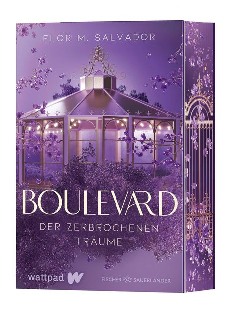 "Flor M. Salvador. Boulevard der zerbrochenen Träume." Illustration eines lila Pavillons umgeben von Blumen.