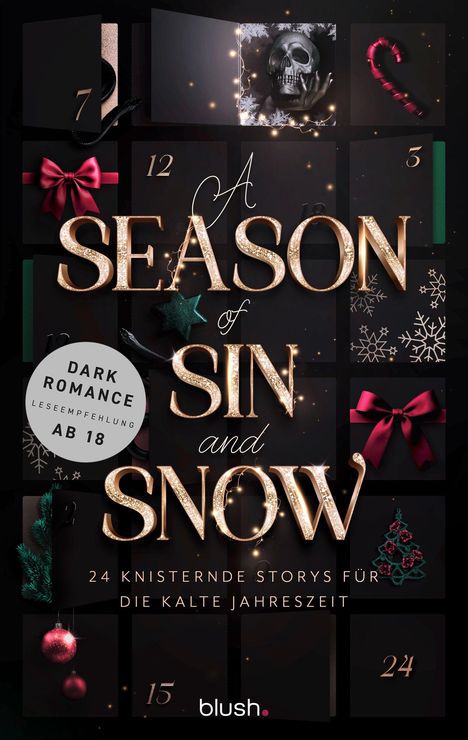"A Season of Sin and Snow", Dark Romance, ab 18, 24 Storys, Weihnachtskalenderästhetik mit Schleifen und Schneeflocken.