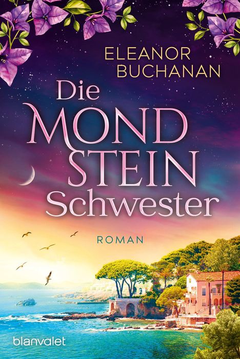 Der Text "Eleanor Buchanan, Die Mondstein-Schwester, Roman, vorläufiges Cover, blanvalet" ist auf einem lila Hintergrund.