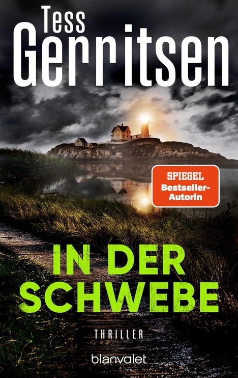 "Tess Gerritsen, IN DER SCHWEBE, Thriller, SPIEGEL Bestseller-Autorin, blanvalet." Im Hintergrund ein dramatischer Himmel.