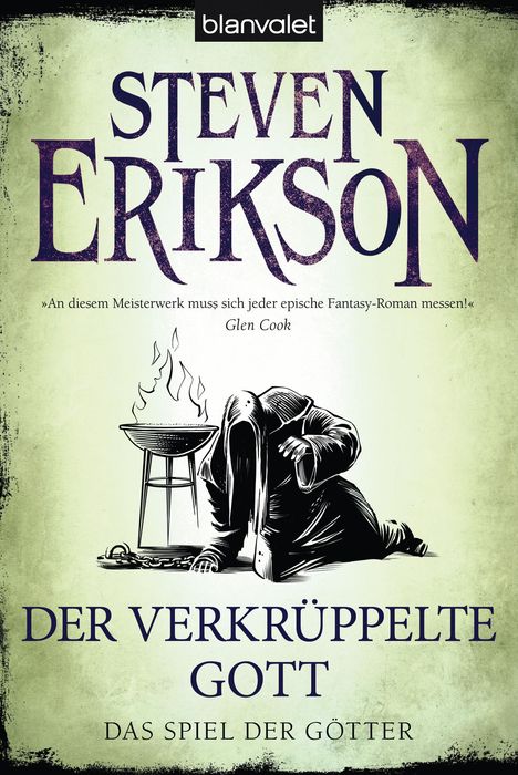 "An diesem Meisterwerk muss sich jeder epische Fantasy-Roman messen!" Schwarze Illustration: Eine kniende Figur vor Feuer.