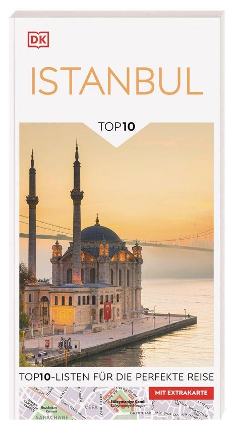 "ISTANBUL TOP 10. TOP 10-Listen für die perfekte Reise. Logo: DK, Illustration: Moschee am Wasser bei Sonnenuntergang."