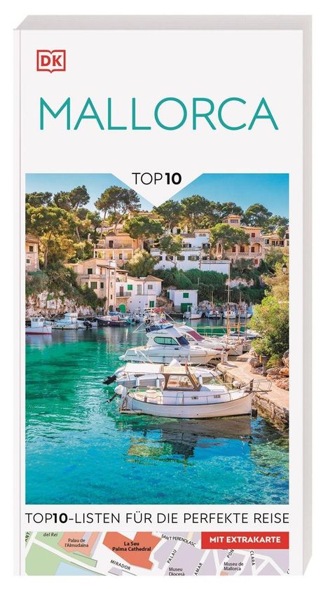 "MALLORCA TOP 10", "TOP10-LISTEN FÜR DIE PERFEKTE REISE", "MIT EXTRAKARTE". Titelbild: Hafen mit Booten, Häusern und Bäumen.