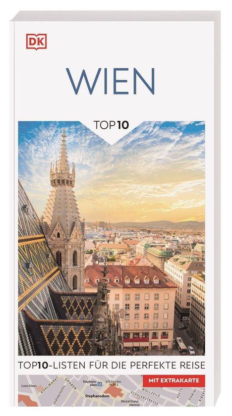 "Wien Top 10. Top10-Listen für die perfekte Reise. Mit Extrakarte." Cover mit Blick auf die Stadt und Stephansdom.