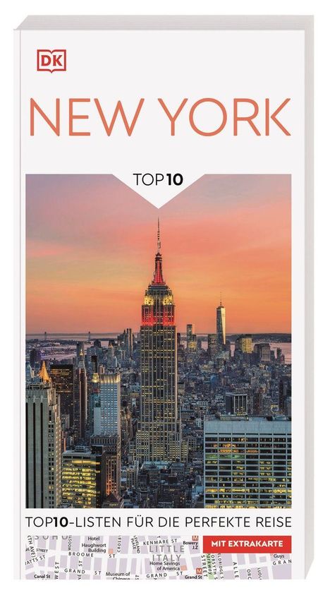 "NEW YORK TOP 10: Top10-Listen für die perfekte Reise mit Extrakarte." Stadtansicht bei Sonnenuntergang, zentrales Hochhaus.