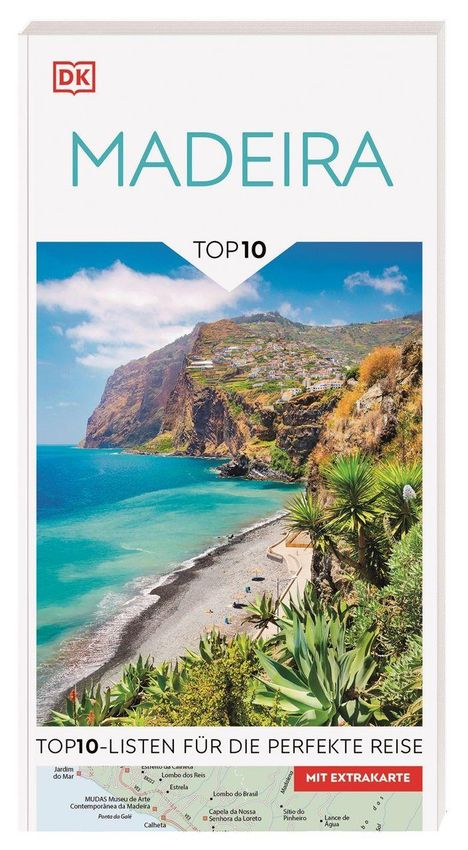 "MADEIRA TOP 10 – Top 10-Listen für die perfekte Reise. Küste mit Strand und Pflanzen, darüber Klippen und Häuser."