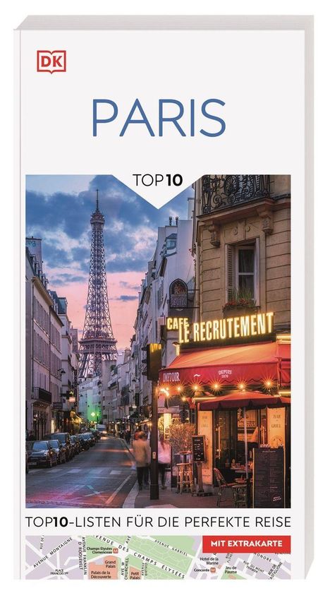 PARIS, TOP 10. Café Le Recrutement mit Abendbeleuchtung, Eiffelturm im Hintergrund. Straßenansicht, belebte Atmosphäre.