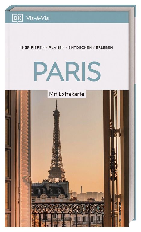 Titel: "PARIS", Untertitel: "Mit Extrakarte". Blick aus einem Fenster auf den Eiffelturm bei Sonnenuntergang.